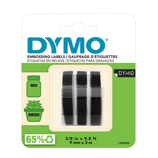 Etikettenklebeband Dymo 3d 9mmx3m weiß auf schwarzer Blasen von 3 Teilen