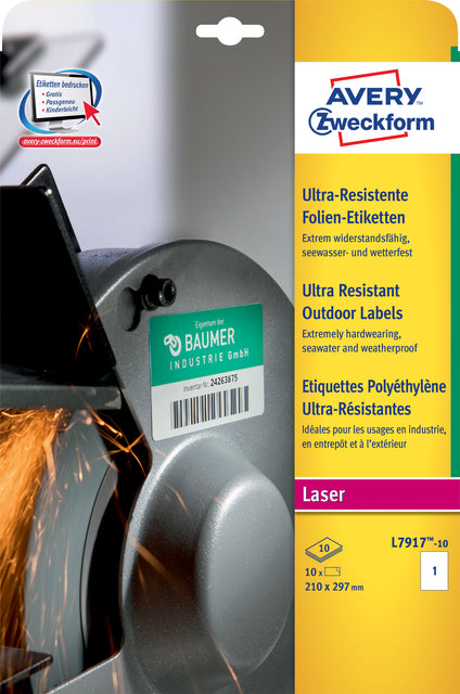 Etikett Avery Zweckform L7917-10 210x297mm Polyethylen Weiß 10 Teile