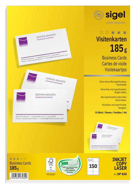 Visitenkarte Sigel 85x55mm Blanco 180gr Weiß
