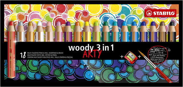 Farbige Stifte Stabilo Woody 880/18-1-20 Benzin von 18 Farben mit Bleistiftschärfer und Pinsel