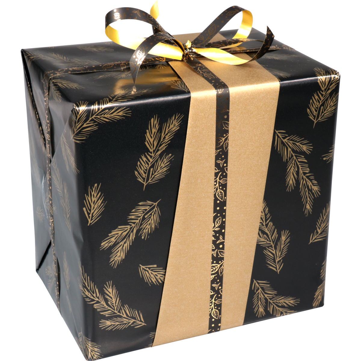 Klika - Geschenkpapier 30 cm | 100 m | 80gr/m² Kiefernzweige Schwarz/Gold