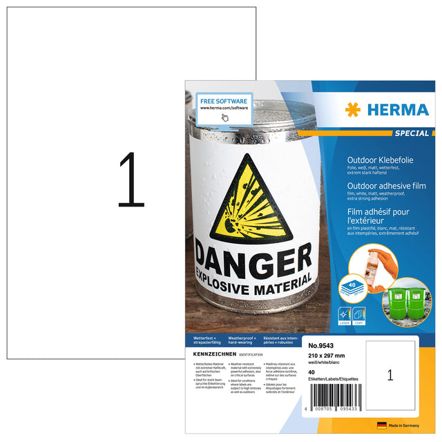 Etikett Herma 9543 210x297mm wetterfeste weiße 40 Teile