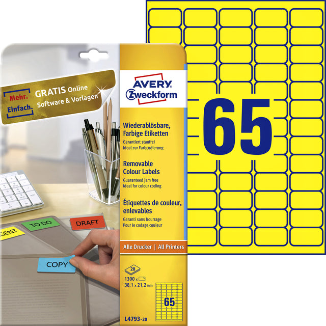 Etikett Avery ZweckForml4793-20 38.1x21.2mm gelbe 1300 Stücke