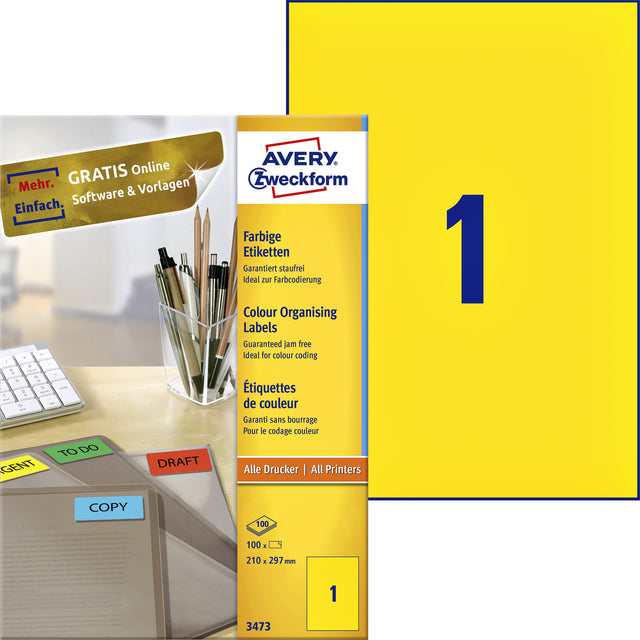 Etikett Avery Zweckform 3473 210x297mm A4 Yellow 100 -Pieces