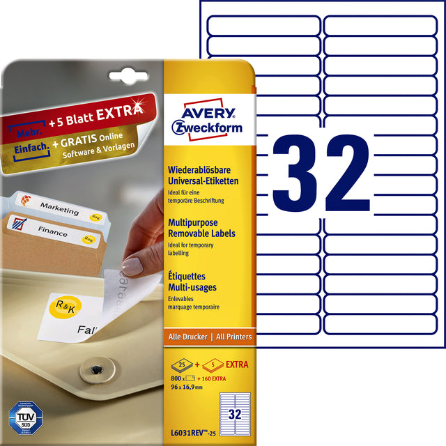 Etikett Avery Zweckform L6031REV-25 96x16.9mm abnehmbare weiße 800 Stücke