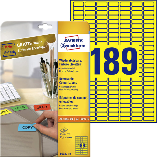 Etikett Avery L6037-20 25,4 x 10 mm gelb 3780 Stück | Holen Sie sich ein 20-Blatt