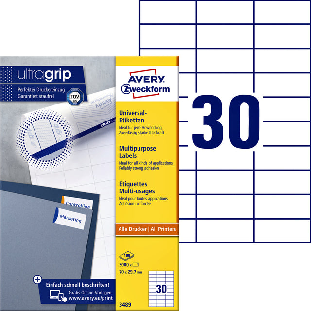 Beschriftung Avery Zweckform 3489 70x29.7mm Weiß 3000 Stück