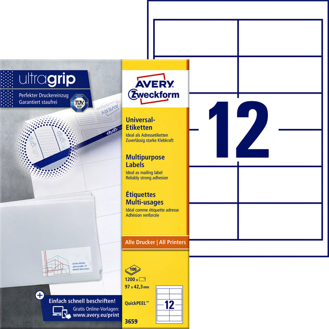 Etikett Avery Zweckform 3659 97x42.3mm Weiß 1200 Stück
