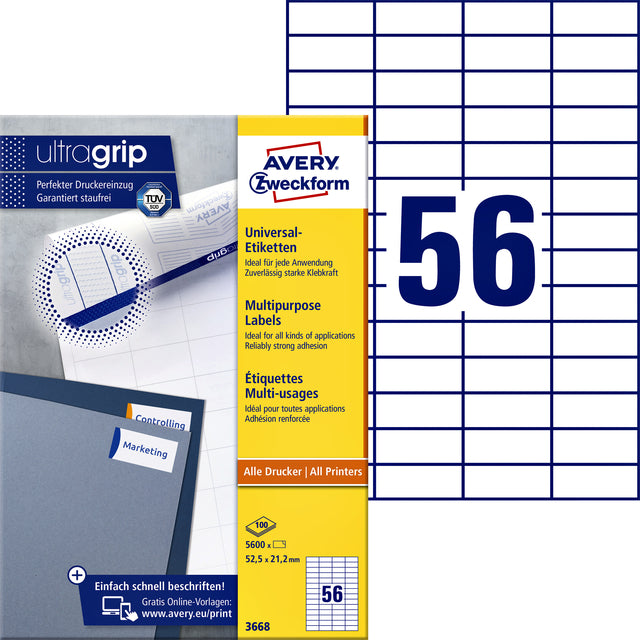 Beschriftung Avery Zweckform 3668 52,5x21.2mm Weiß 5600 Stück