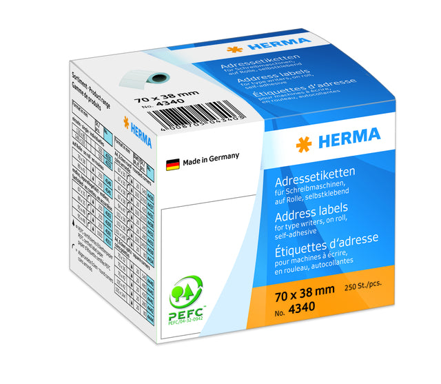 Etikett Herma -Adresse 4340 70x38mm auf Roll Weiß 250 Teile