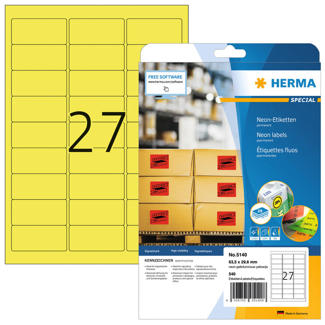 Label Herma 5140 63,5x29.6mm Neongeel 540 Stück