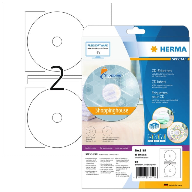 Etikett Herma 5115 CD 116mm Weiß 50 Stück