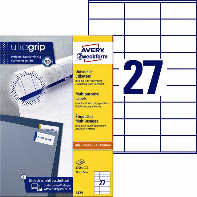Etikett Avery Zweckform 3479 70x32mm weiß 2700 Stück