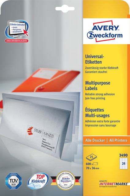 Etikett Avery Zweckform 3490 70x36mm Weiß 600 Stück