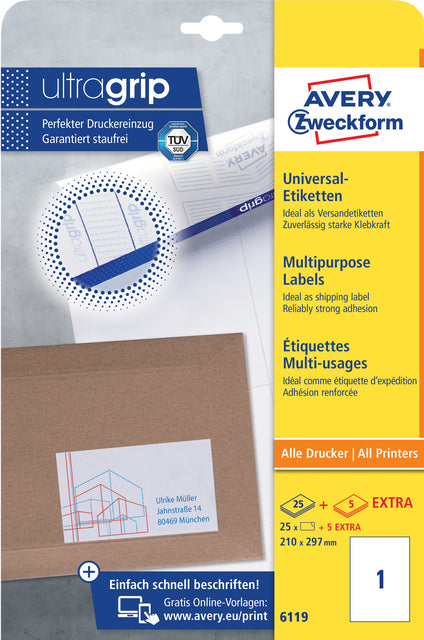 Etikett Avery Zweckform 6119 210x297mm A4 Weiß 25 Teile