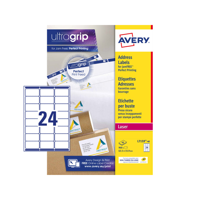 Etikett Avery L7159-40 63.5x33,9 mm Weiß 960 Stück