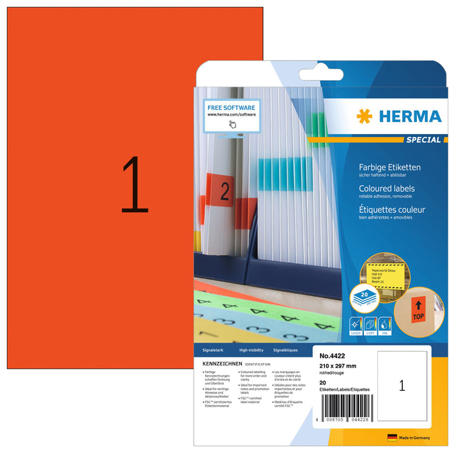 Label Herma 4422 210x297mm A4 Abnehmbare rote 20 Teile