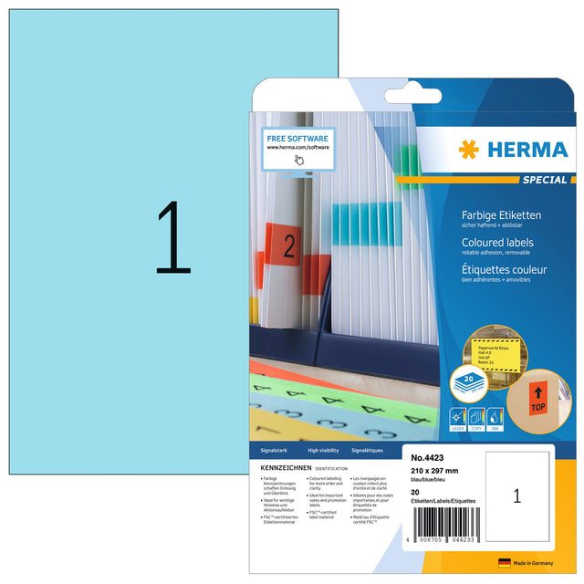 Etikett Herma 4423 210x297mm A4 Abnehmbar Blau 20 Teile