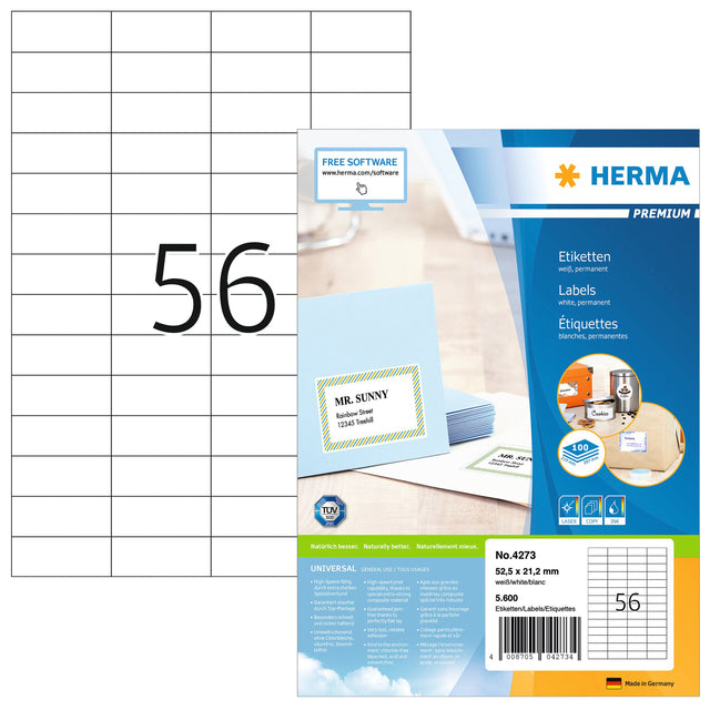 Herma 4273 Etikett 52,5x21,2mm Premium Weiß 5600 Stück