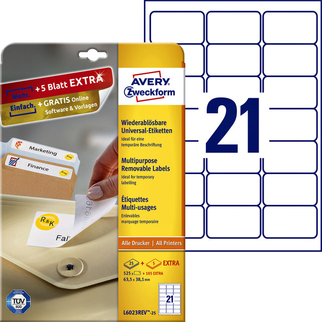 Etikett Avery Zweckform L6023REV-25 63.5x38.1mm abnehmbare weiße 525 Teile