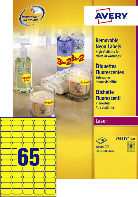 Etikett Avery L7651Y-100 38.1x21.2mm Neon Geel 6500 Stücke