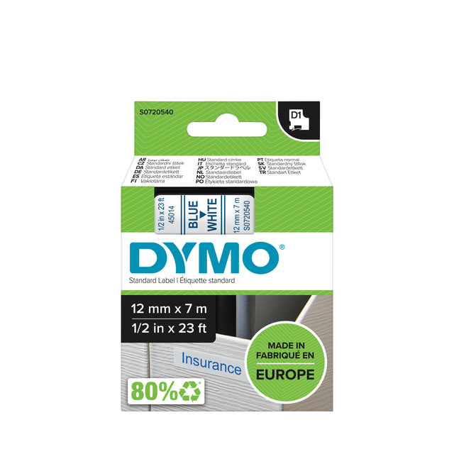 Etikett Tape Dymo 45014 D1 720540 12mmx7m blau auf Weiß