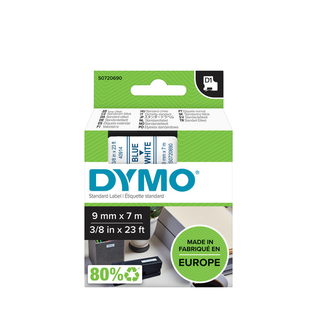 Etikett Tape Dymo 40914 D1 720690 9mmx7m blau auf Weiß
