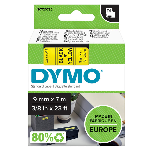 Etikett Tape Dymo 40918 D1 720730 9mmx7m schwarz auf Gelb