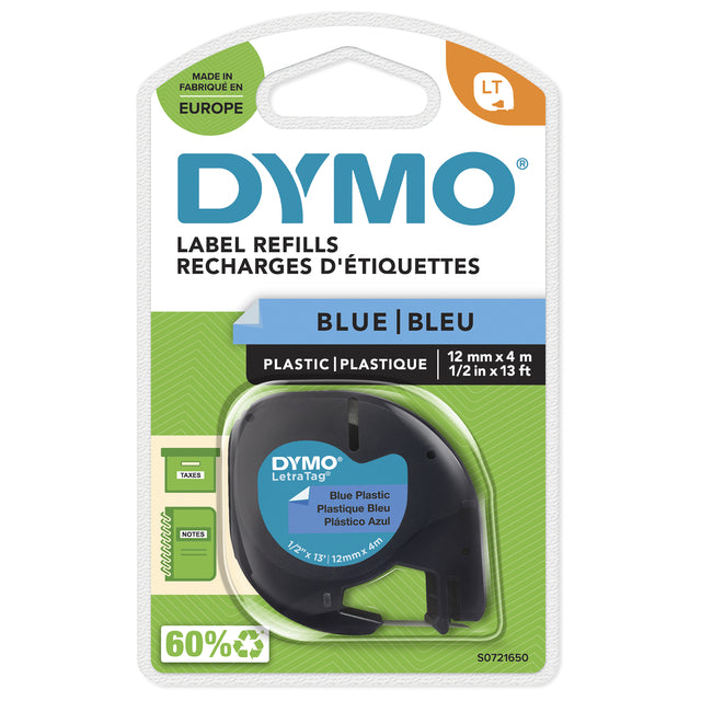 Etikettenklebeband Dymo letratag 91205 plastil12mm schwarz auf blau