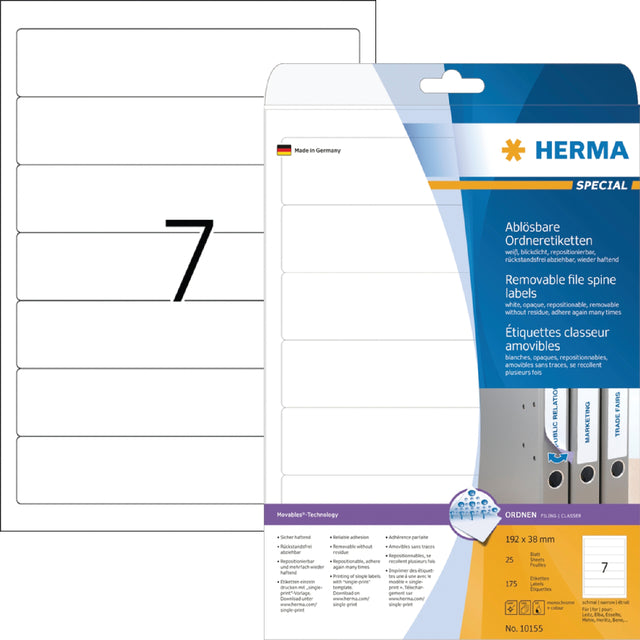 Rücklabel Herma 10155 SMAL 38x192mm Abnehmbares Weiß