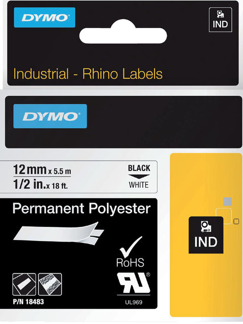 Etikett Tape Dymo Rhino 18483 Polyester 12 mmx5,5 m schwarz auf WT