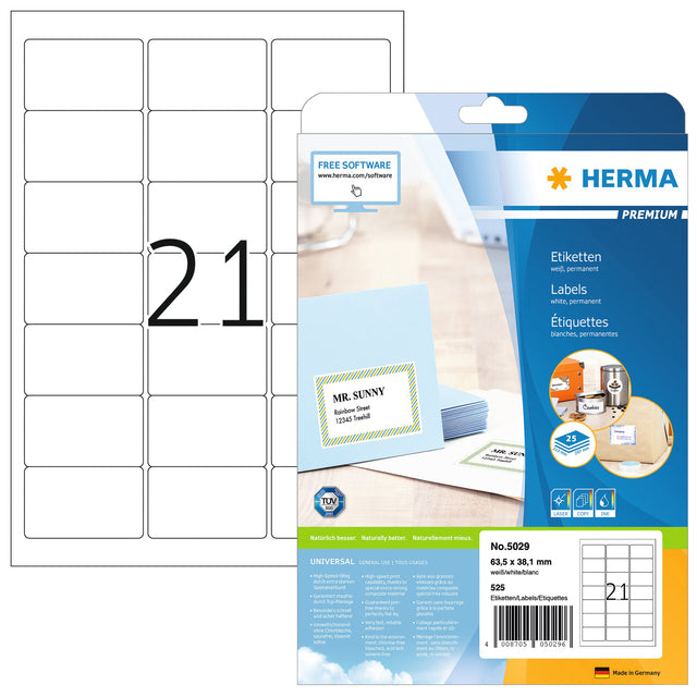 Herma 5029 A4 Label 63.5x38.1mm Premium 525 Stück Weiß