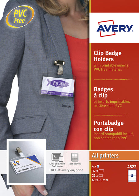 Abzeichen Avery mit Clip 4822 60x90mm 25 Teile + 32 Einfügenkarten