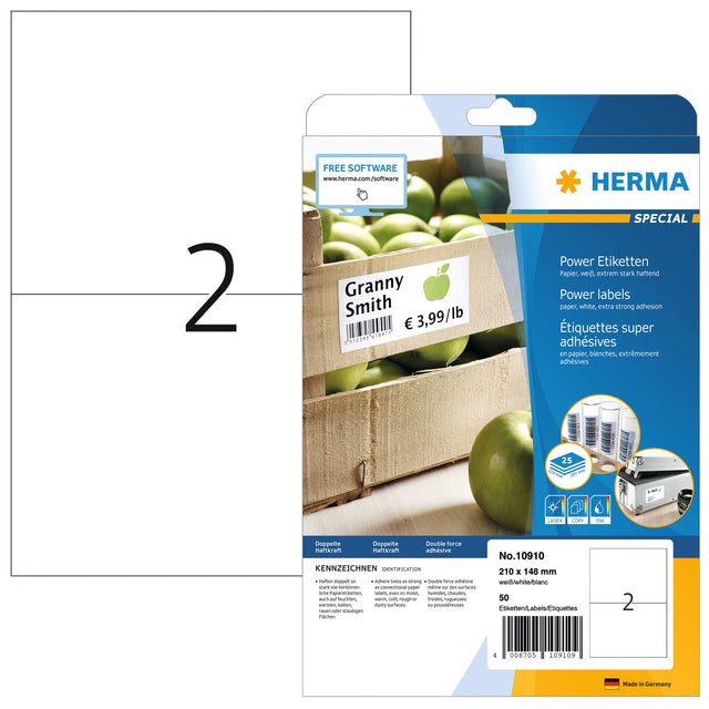 Etikett herma power 10910 210x148mm weiß 50 Stück | Holen Sie sich ein 25-Blatt