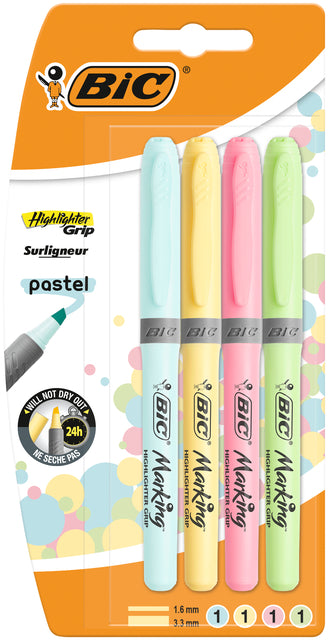 Textmarker Bic Grip Pastell sortiert | Blister mit 4 Stück