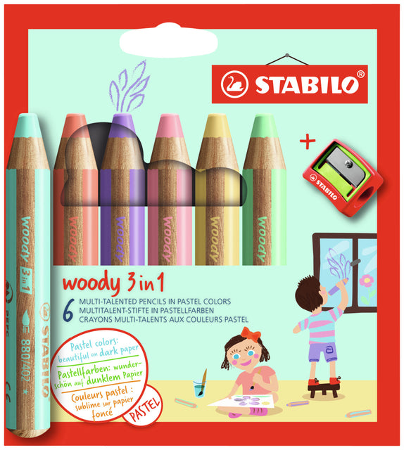 Farbige Stifte Stabilo Woody 880/18 Set von 6 Pastellfarben mit einem Bleistiftschild | 5 Stücke