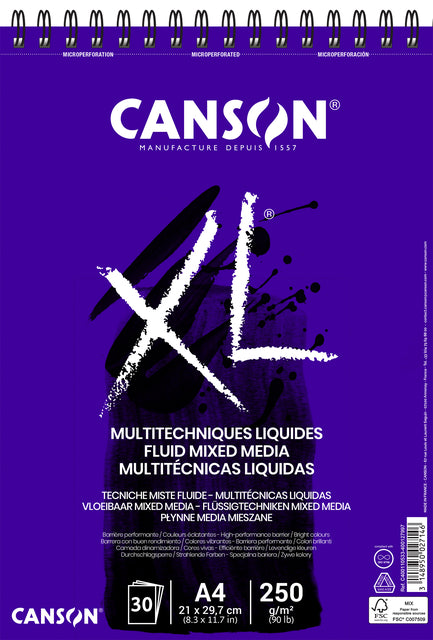 Zeichenblock Canson XL Fluid Mixed Media A4 30V 250gr | 1 Stück