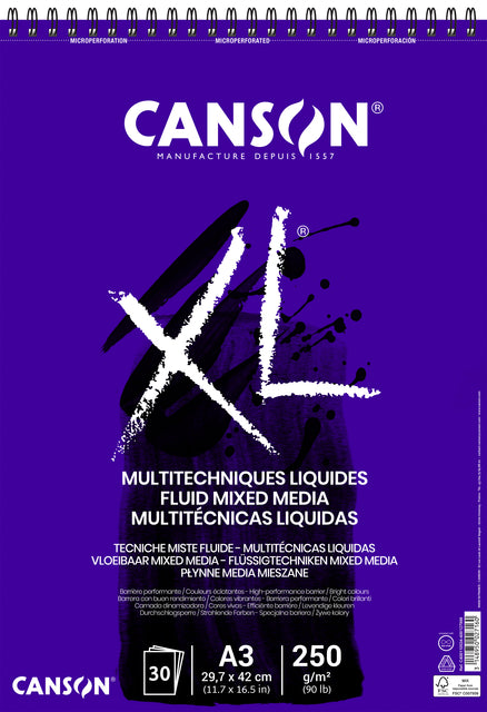 Zeichenblock Canson XL Fluid Mixed Media A3 30V 250gr | 1 Stück
