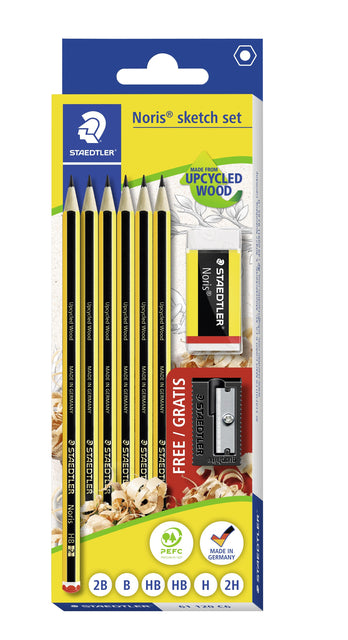 Bleistift Staedtler Noris HB Blister von 6 Teilen mit Radiergummi und freiem Schleifen