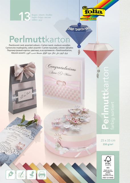 Perlmuttkartonfolie 2seitig 25x35 250gr 13v 13kl | Packen Sie ein 13-Blatt | 5 Stück