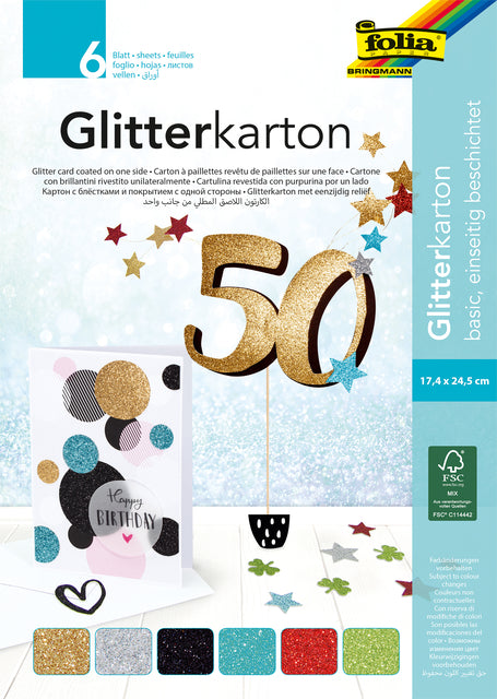 Glitzerkarton Folia 174x245mm Block von 6 Grundfarben