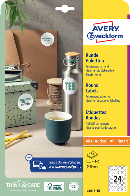 Etikett Avery Zweckform L3415-10 um 40 mm weiße 240 Stück