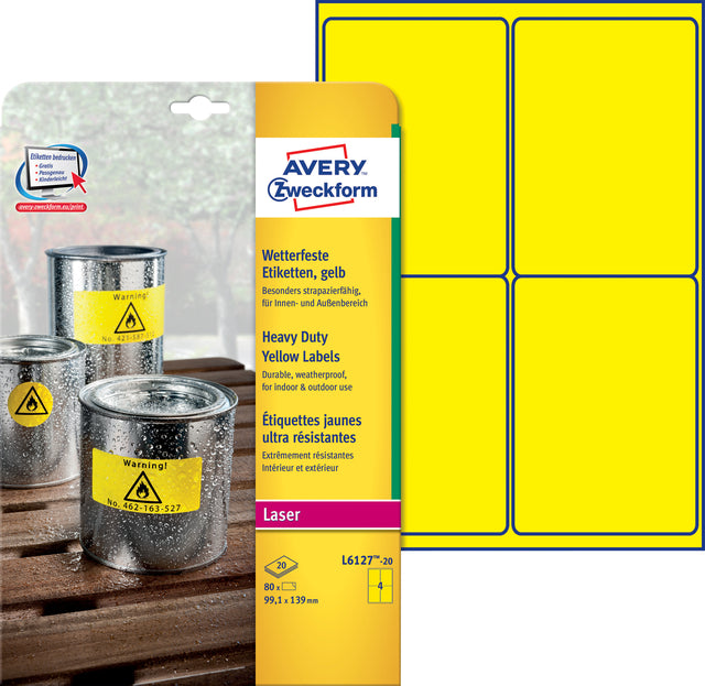 Etikett Avery L6127-20 99.1x139mm gelbe 80 Stück