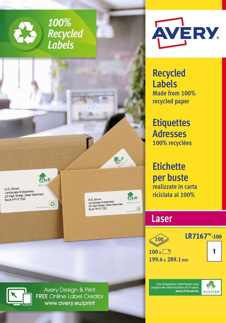 Etikett Avery LR7167 199,6 x 289,1 recyceltes Gewicht, 100 Stück | Karton mit 100 Blatt | 5 Stück