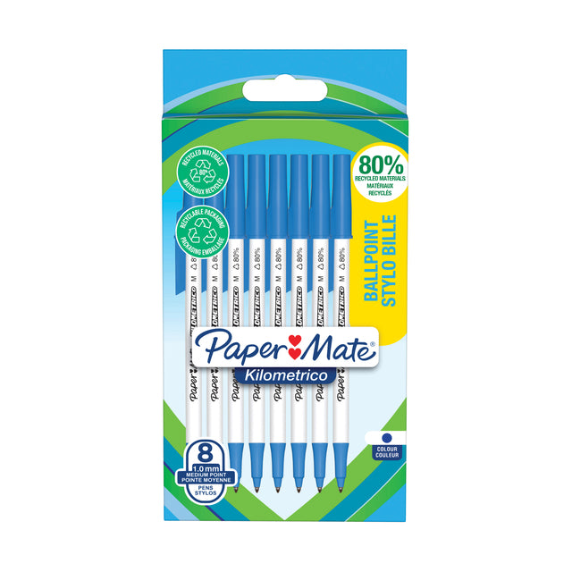 Kugelschreiber Papermate Kilometrico recycelt m blau | Blister mit 8 Stück