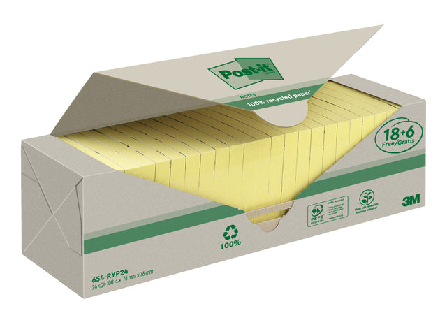 Notizblock 3m Post-it 654 76x76mm Recycling Gelb 18+6 | Karton mit 24 Stück