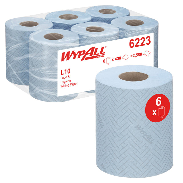 Reinigungsrolle Wypall 6223 L10 1-lagig 163m 430Blatt blau | Nehmen Sie eine 6er-Wurf