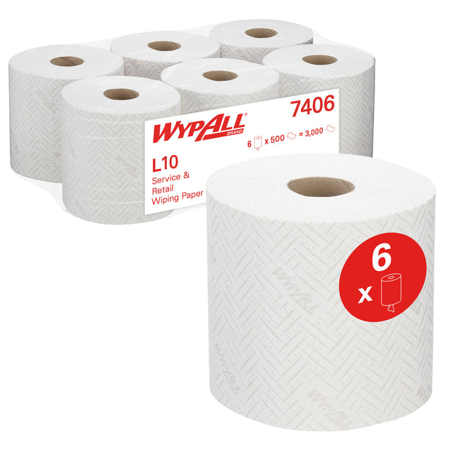 Reinigungsrolle Wypall 7406 L10 1-lagig 190m 500 Blatt weiß | Karton mit 6 Rollen