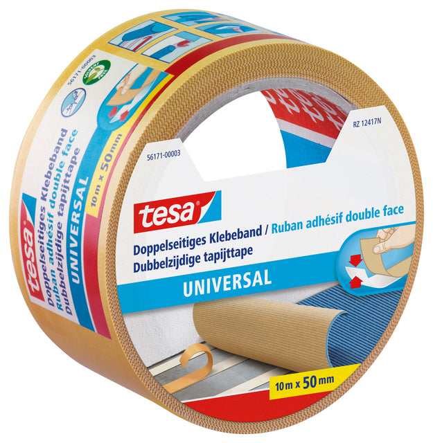 Teppichband Tesa Uni 50mmx10m doppelseitig weiß | Rolle von 10 Metern | 6 Stück