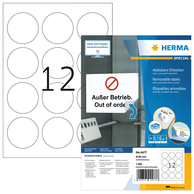 Etikett herma 4477 60mm weiß 1200 Etiketten | Holen Sie sich 100 Blatt